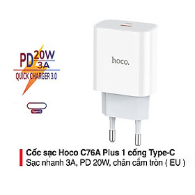 Củ sạc PD20W Hoco C76A PLus chuôi tròn 1 cổng Type-C dành cho mọi thiết bị - Hàng chính hãng
