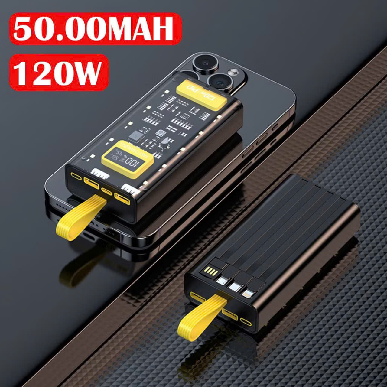 Sạc dự phòng 50.000mAh trong suốt, có sạc nhanh PD 120W, kèm 4 cáp sạc, tích hợp đèn ngủ - FTAKY Hàng Nhập Khẩu