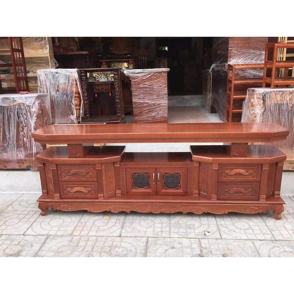 Kệ tivi vát cạnh gỗ xoan đào dài 2m màu cánh gián vân gỗ tự nhiên
