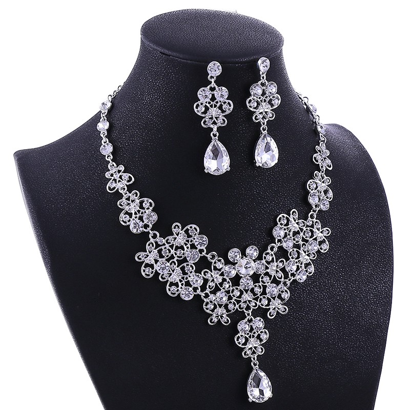 Bộ trang sức vương miện cô dâu, vòng cổ và bông tai full đá lấp lánh