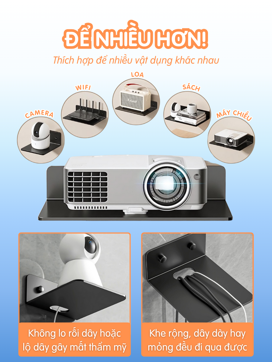 Kệ treo kim loại Dola Home để máy chiếu, camera, bộ phát WiFi, loa, bàn phím không cần khoan đục có lỗ đi dây điện.
