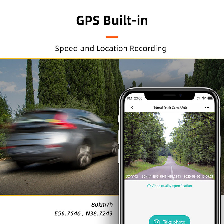 Camera hành trình ô tô Xiaomi 70mai cao cấp A800S chất lượng hình ảnh 4K, tích hợp Wifi (Bộ tích hợp Camera trước + Sau) - Bản Quốc Tế - Hàng Nhập Khẩu