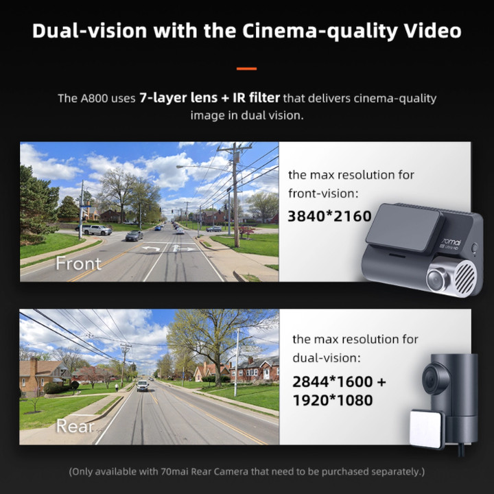 Camera hành trình ô tô Xiaomi 70mai cao cấp A800S chất lượng hình ảnh 4K, tích hợp Wifi (Bộ tích hợp Camera trước + Sau) - Bản Quốc Tế - Hàng Nhập Khẩu