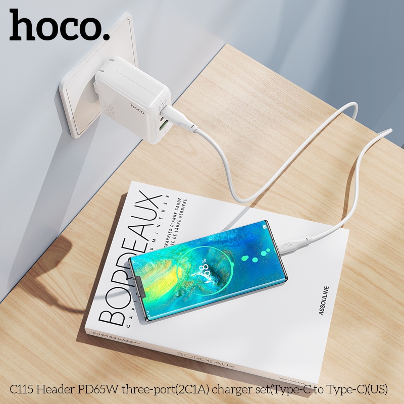 Bộ sạc nhanh 65W chân sạc Typec cao cấp cho điện thoại tiện lợi với 2 cổng type-C, 1 cổng USB an toàn chống cháy nổ - Hàng nhập khẩu