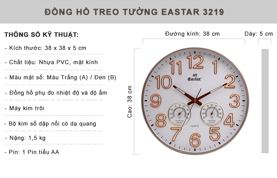 Đồng Hồ EASTAR Mặt Tròn có DẠ QUANG và Đồng hồ CƠ Đo NHIỆT ĐỘ & ĐỘ ẨM - Máy KIM TRÔI - Tặng Pin Maxell