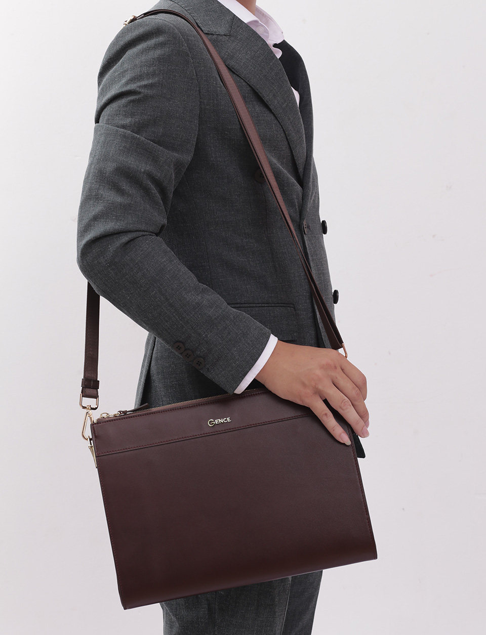 Ví Da Cầm Tay Nam Clutch Đựng Tài Liệu GENCE CL05 Da Bò Cao Cấp Màu Nâu Đỏ