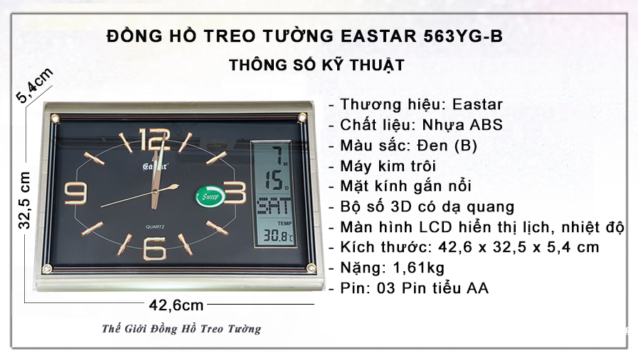 Đồng Hồ Cao Cấp EASTAR Có DẠ QUANG & LỊCH và NHIỆT KẾ ĐIỆN TỬ - Máy KIM TRÔI - Tặng Pin Maxell - Decor Trang Trí Nhà - BH 1 Năm