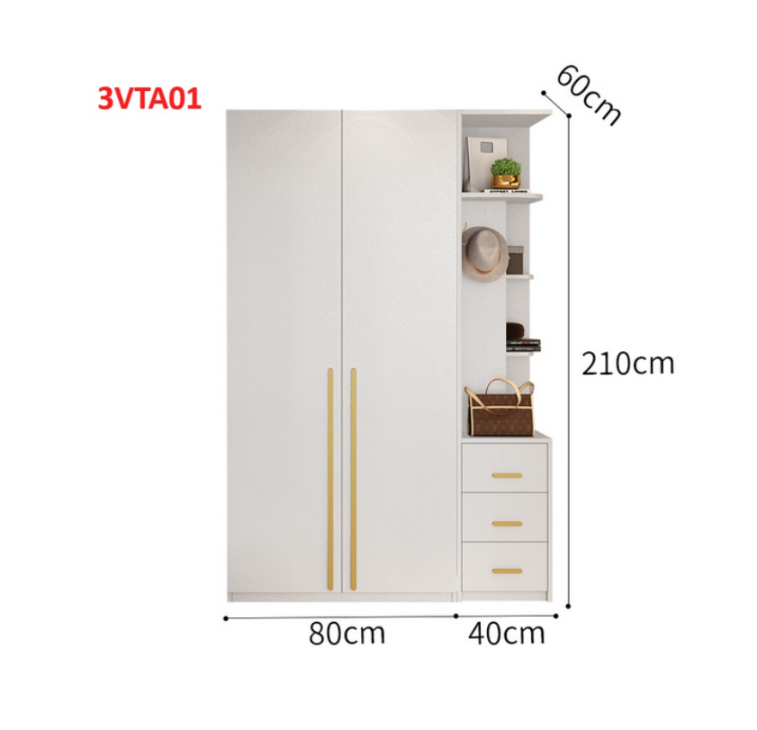 Tủ quần áo thiết kệ hiện đại - Tủ quần áo gỗ MDF 3VTA01A - Nội thất lắp ráp Viễn Đông ADV