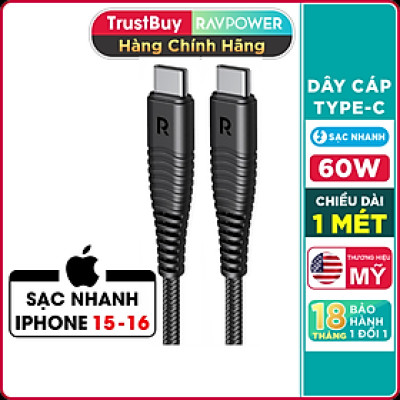 Dây Cáp Sạc Type C to C Sạc Nhanh 60W, Dài 1m, Dây Dù Nylon Siêu Bền RAVPower RP-CB047 - Hàng Chính Hãng