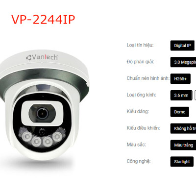 Vantech Camera 3.0MP Supper Starlight Dome VP-2244IP-Hàng chính hãng