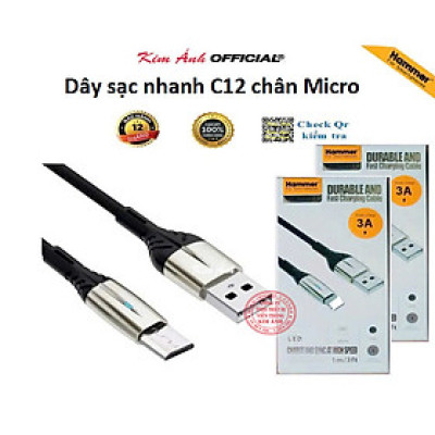 Dây sạc nhanh 3A Ham mer ( H-C12-V8 ), Chân cắm Micro, Có đèn báo, hàng chính hãng bảo hành 12 tháng
