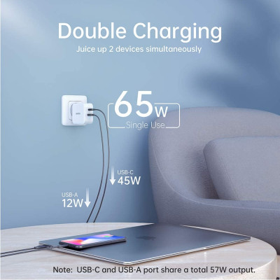 Adapter Củ Sạc Nhanh GaN 65W 1 Cổng USB, 1 Cổng Type C CHOETECH PD8002 Kèm Cáp Type C 65W Sạc Cho Macbook, Laptop, Smartphone - Hàng Chính Hãng