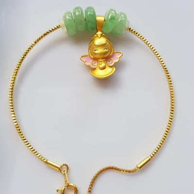 Vòng Tay charm xinh đẹp 5 đồng tiền đá cẩm thạch tự nhiên Vòng phối charm hình bé thiên thần vòng màu vàng khoen rút xinh Nữ đeo dễ thương ạ