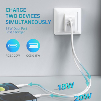 Bộ Củ Sạc CHOETECH QC 3.0 & PD 3.0 38W PD5002-W + Cáp Type C To Lightning MFI Apple 1.2M IP0039 Sạc Nhanh Cho iPhone - Hàng Chính Hãng