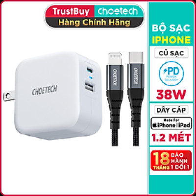 Bộ Củ Sạc CHOETECH QC 3.0 & PD 3.0 38W PD5002-W + Cáp Type C To Lightning MFI Apple 1.2M IP0039 Sạc Nhanh Cho iPhone - Hàng Chính Hãng