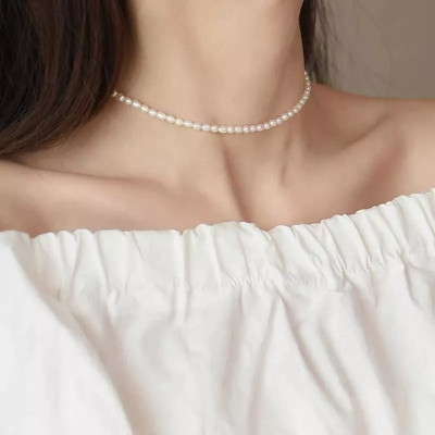 Dây Chuyền Ngọc Trai Nuôi Hạt Gạo 3-4 ly Nhỏ Nhắn, Vòng Cổ Choker Ngọc Trai Thật 100%, Đẹp Tự Nhiên 38cm- Bạc Hiểu Minh DMD474