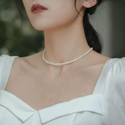 Dây Chuyền Ngọc Trai Nuôi Hạt Gạo 3-4 ly Nhỏ Nhắn, Vòng Cổ Choker Ngọc Trai Thật 100%, Đẹp Tự Nhiên 38cm- Bạc Hiểu Minh DMD474