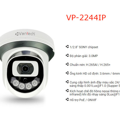Vantech Camera 3.0MP Supper Starlight Dome VP-2244IP-Hàng chính hãng