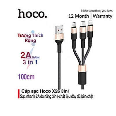 Cáp sạc nhanh 2A Hoco X26 kết nối Type-C/Micro/iPhone dây tròn tiện lợi dài 100CM cho Smartphone ( 3 màu ) -Hàng nhập khẩu (chính hãng)