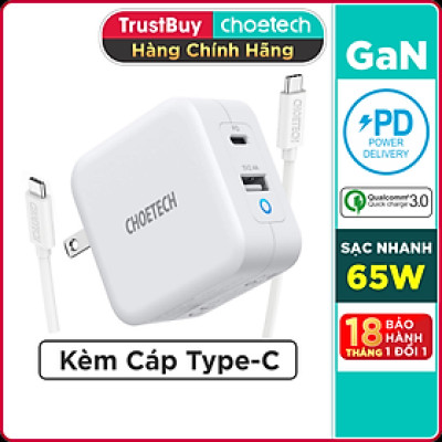 Adapter Củ Sạc Nhanh GaN 65W 1 Cổng USB, 1 Cổng Type C CHOETECH PD8002 Kèm Cáp Type C 65W Sạc Cho Macbook, Laptop, Smartphone - Hàng Chính Hãng