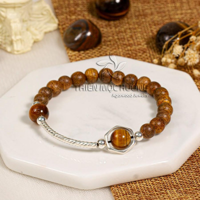 Vòng tay trầm hương tự nhiên mix charm bạc 925 cao cấp - Thiên Mộc Hương - Trầm Tốc Lào - Đá Thạch Anh