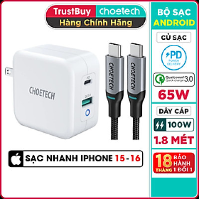 Bộ Củ Sạc Dành Cho Macbook, Laptop, Điện Thoại 65W CHOETECH PD8002 GaN Tech + Type-C to C 100W 1.8M XCC-1002-GY - Hàng Chính Hãng