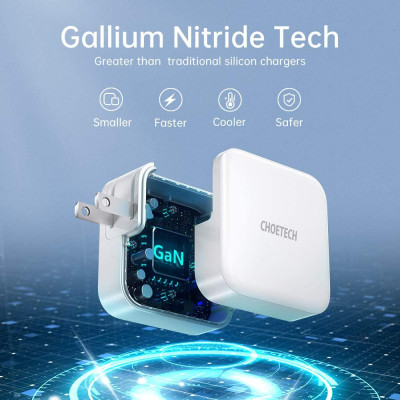 Adapter Củ Sạc Nhanh GaN 65W 1 Cổng USB, 1 Cổng Type C CHOETECH PD8002 Kèm Cáp Type C 65W Sạc Cho Macbook, Laptop, Smartphone - Hàng Chính Hãng