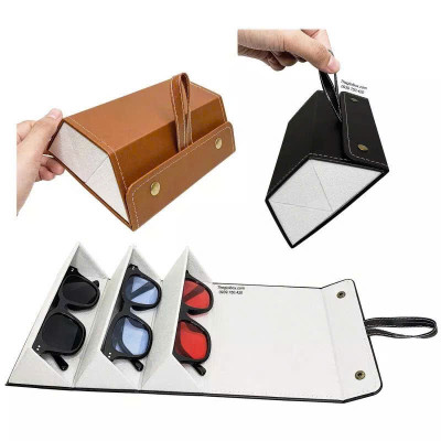 Hộp đựng mắt kính 3 ngăn da Pu gấp gọn, hộp đựng kính mắt nhiều ngăn