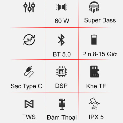 Loa Bluetooth 60W công suất lớn Super Bass chống nước IPX5 pin 6600MAH sạc nhanh Type C công nghệ AI Hàng Chính Hãng PKCB
