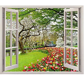 Tranh dán tường 3d  cửa sổ hoa tulip - tranh dán tường phòng khách - phòng ngủ - không phai  màu CS91