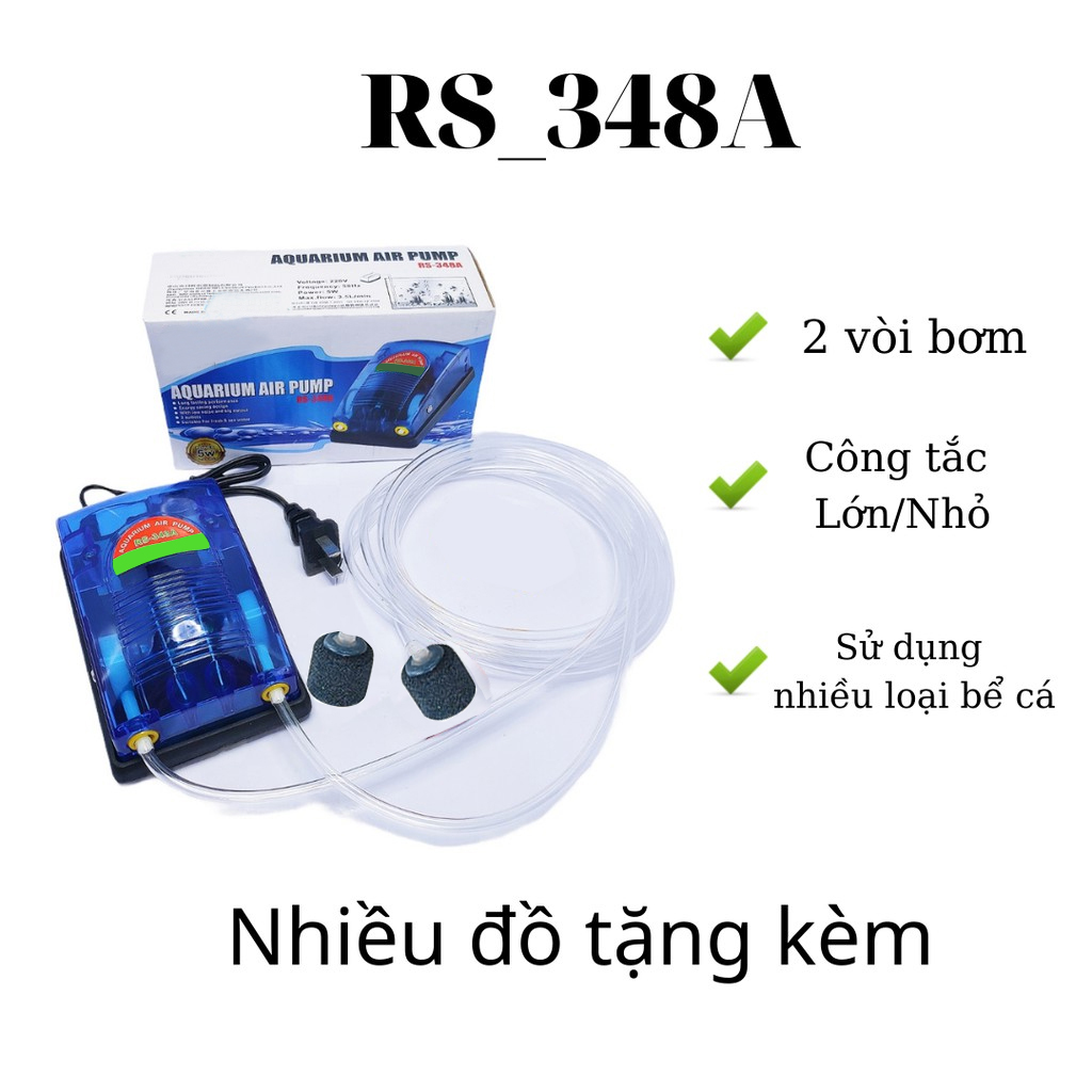 Máy Sủi Khí Oxy 2 Vòi RS 348A tặng kèm 2 bộ dây quả sủi (Máy sục khí oxy dùng cho bể cá cảnh dưới