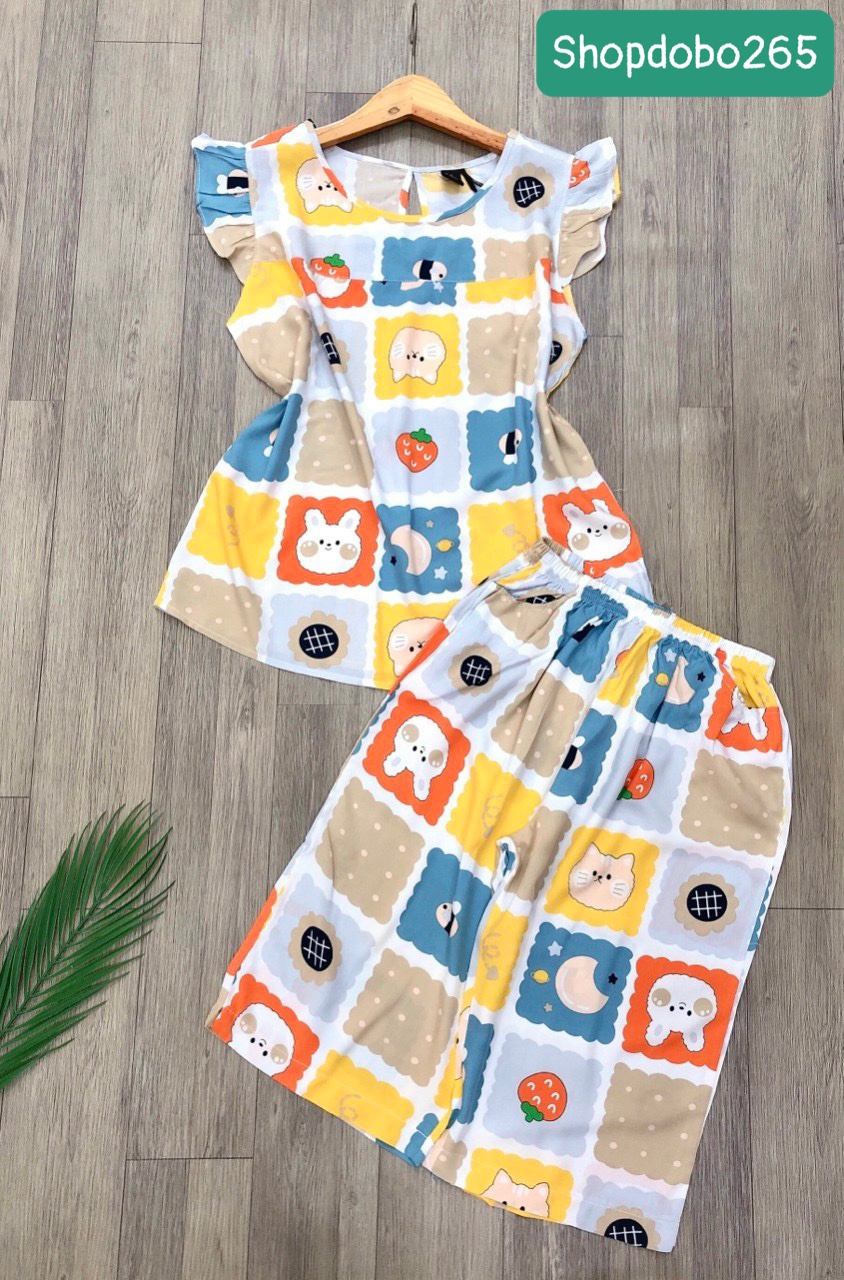 Đồ bộ nữ, đồ ngủ mặc nhà lửng tay cánh tiên vải lanh mềm ,mát BL 183 họa tiết dễ thương size 45-70kg.