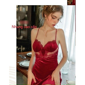 Đầm ngủ nhung phối lưới, váy ngủ nhung 2 dây cao cấp kèm mút ngực sexy D791
