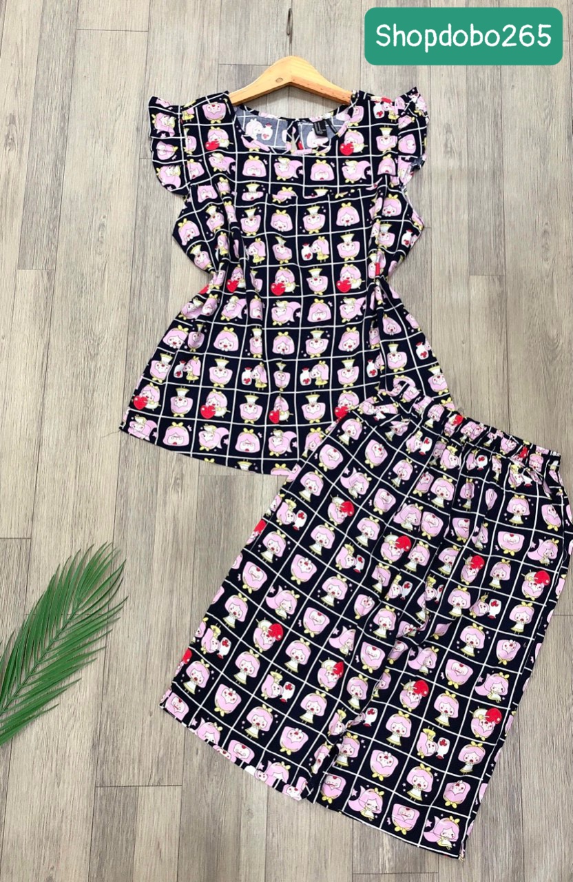 Đồ bộ nữ, đồ ngủ mặc nhà lửng tay cánh tiên vải lanh mềm ,mát BL 183 họa tiết dễ thương size 45-70kg.