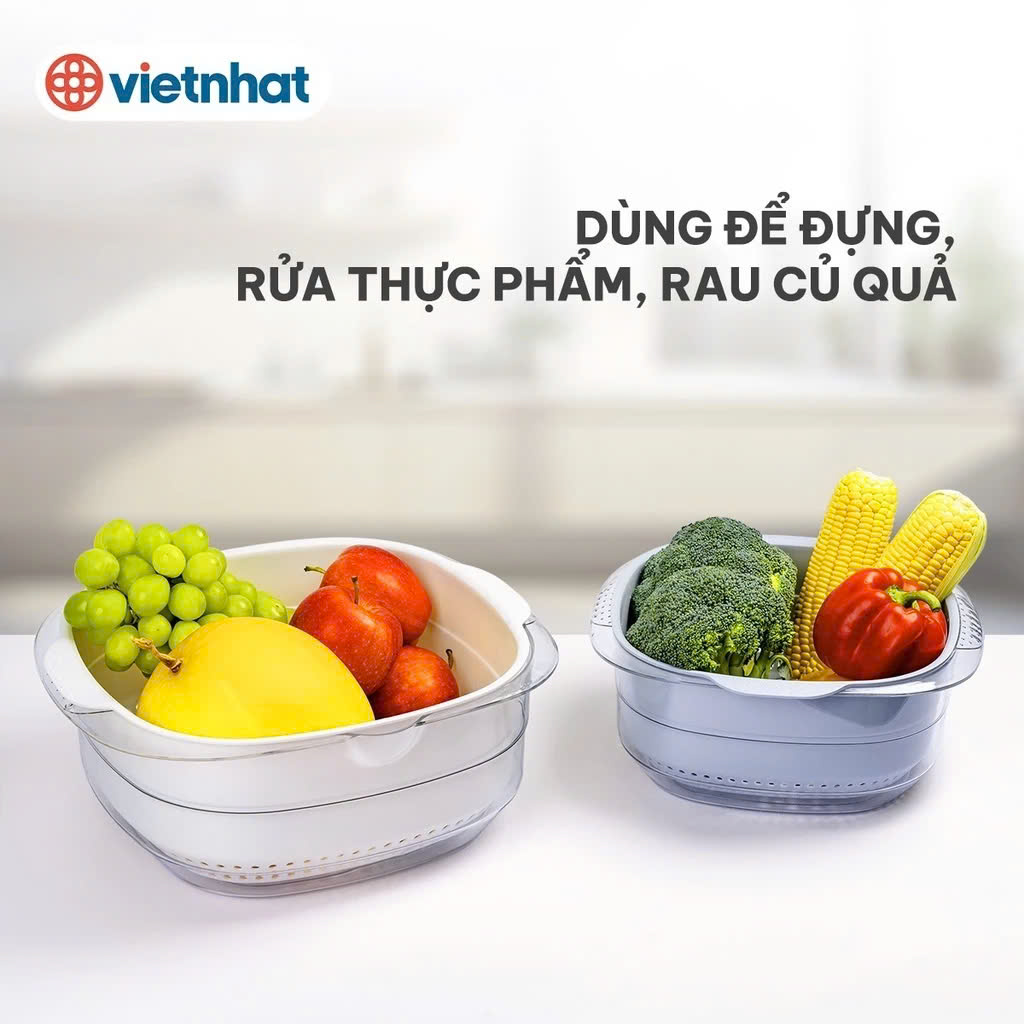 Bộ thau rổ vuông trong HOKORI nhựa VIỆT NHẬT cao cấp - Rửa rau củ quả, trộn thực phẩm - Hàng chính hãng
