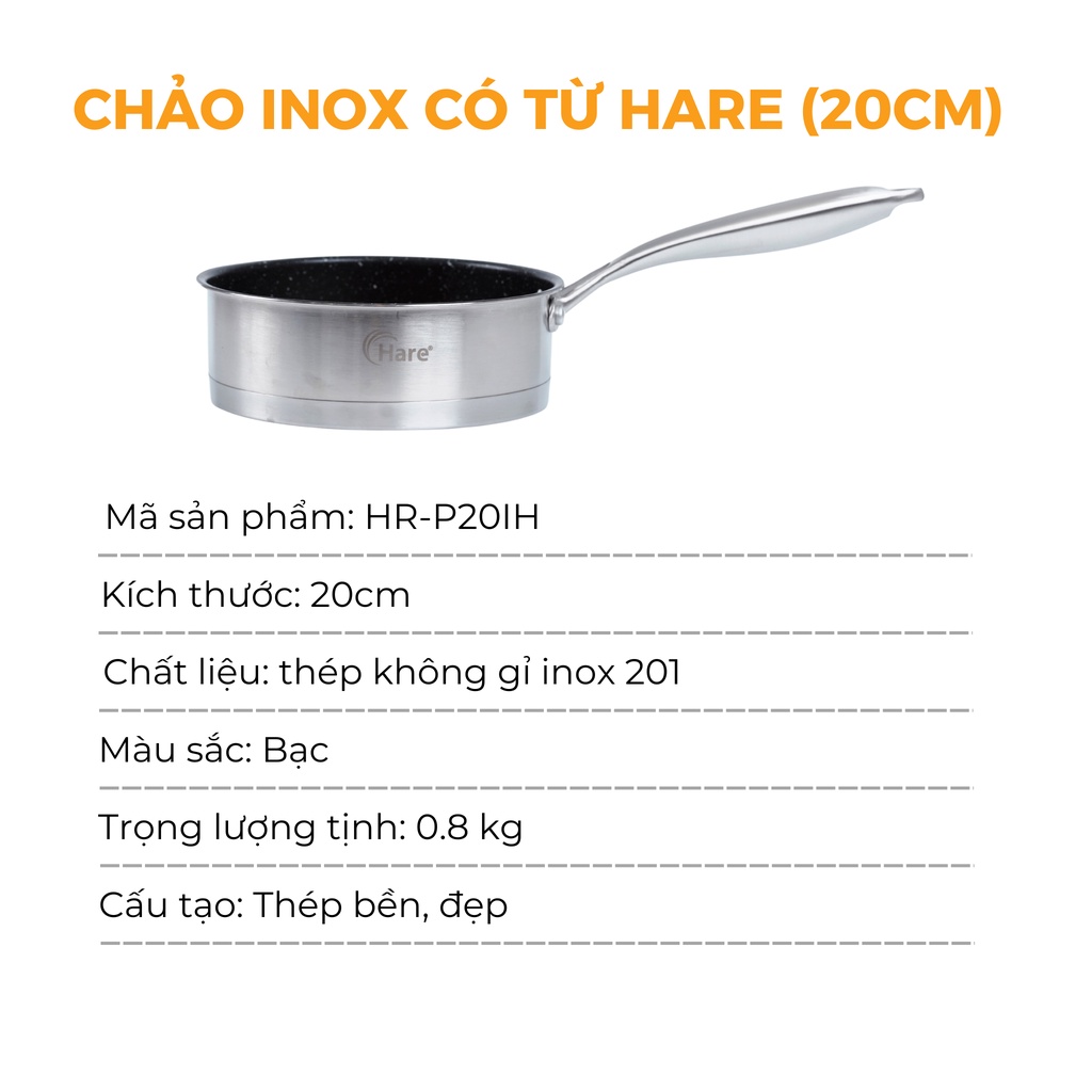 Chảo chống dính Inox có từ HR-P20IH (20cm) - thương hiệu Hare - lỗi 1 đổi 1