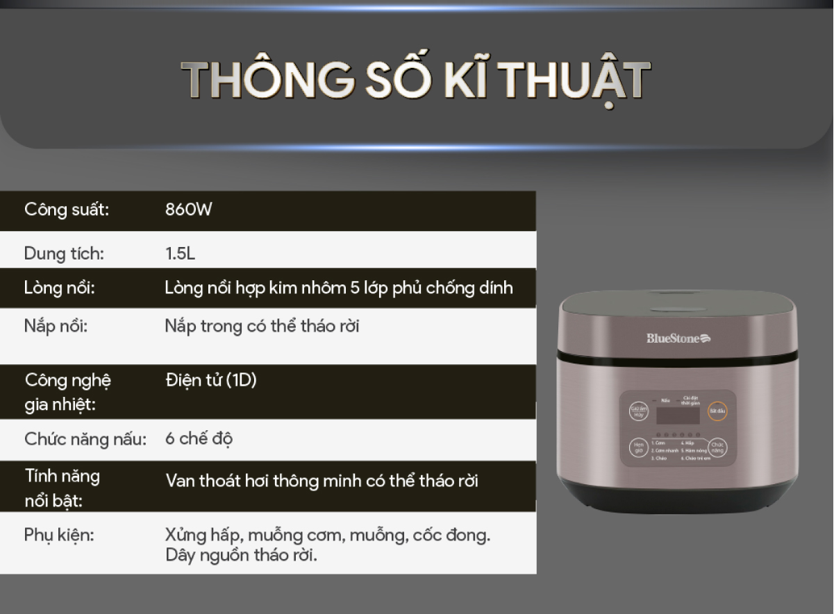 Nồi Cơm Điện Tử BlueStone RCB-5946 - Dung Tích 1,5 lít - Công suất 860W - Lòng nồi phủ chống dính cao cấp an toàn sức khỏe - 6 chế độ cài đặt sẵn - Bảo hành 2 năm - Hàng chính hãng